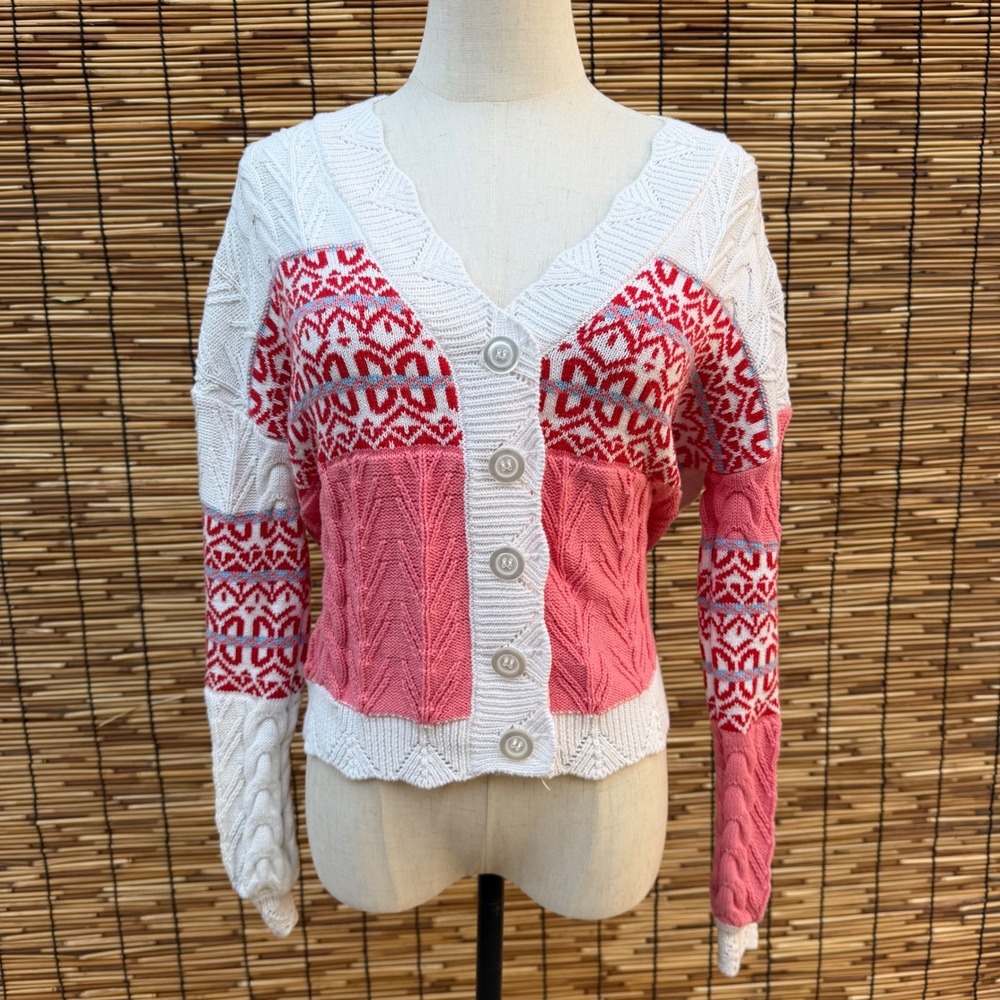 Pink Red White Patchwork Cable Knit Cardigan V-Neck Button Front Sweater